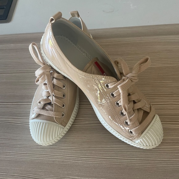PRADA Beige Powder Patent Leather Sneakers with PRADA Dust Bag - Picture 7 of 16